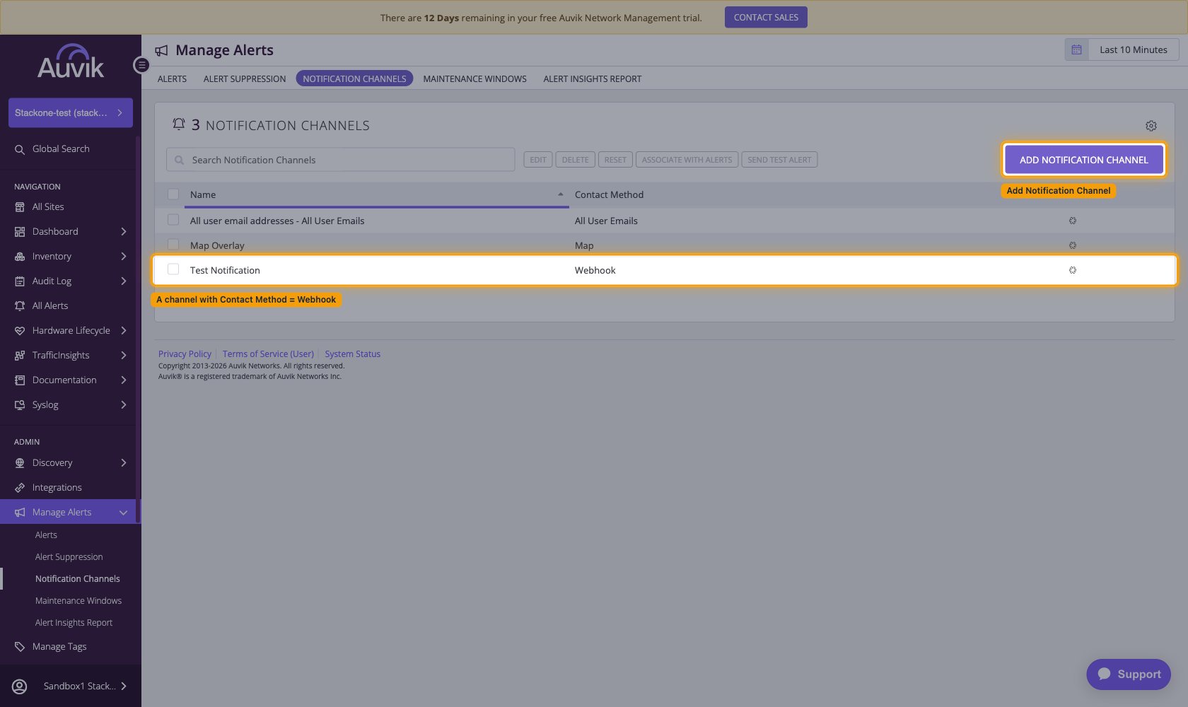 Notification Channels tab listing channels with the ADD NOTIFICATION CHANNEL and ASSOCIATE WITH ALERTS buttons highlighted