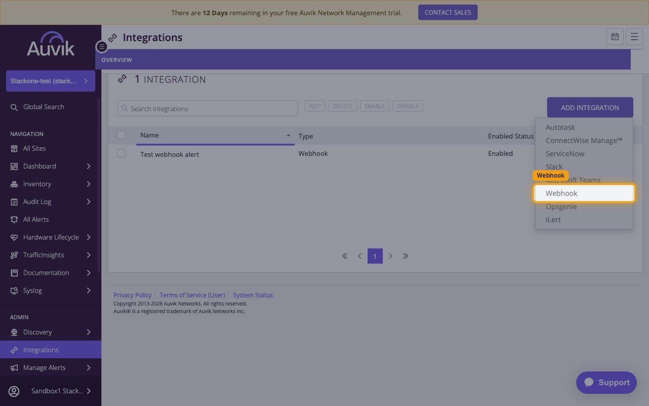 Add Integration menu expanded with the Webhook option highlighted