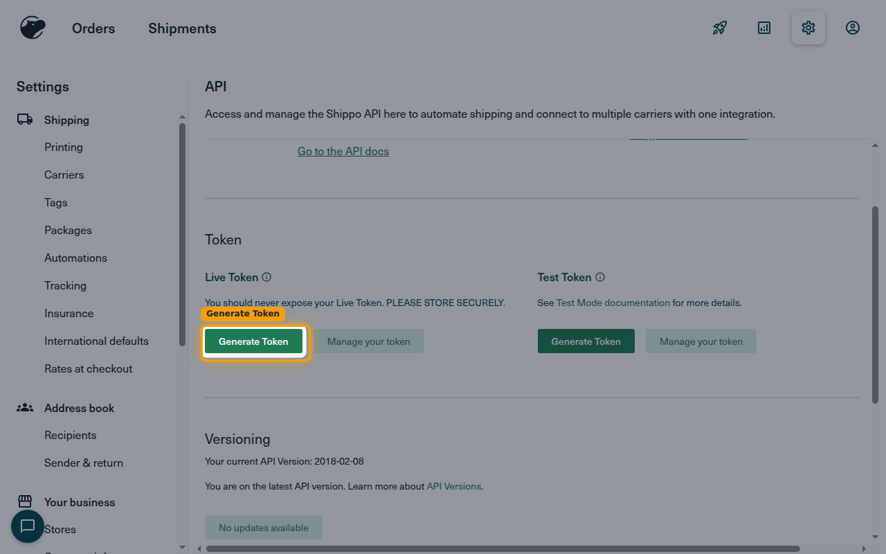 Shippo API settings Token section with the Live Token Generate Token button highlighted