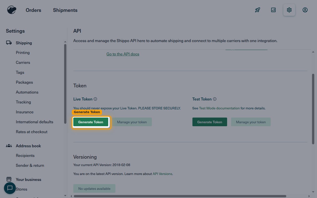 Shippo API settings Token section with the Live Token Generate Token button highlighted