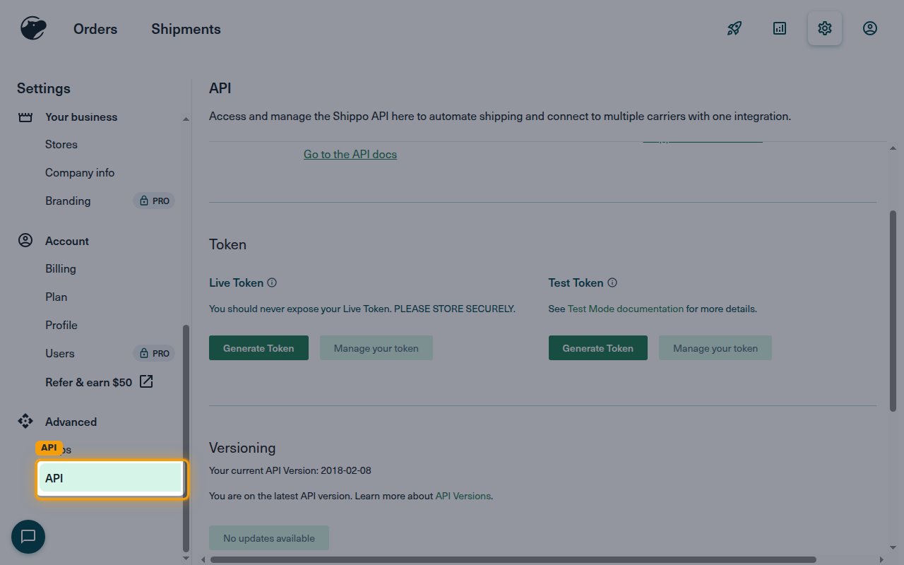 Shippo Settings page with API selected under Advanced in the sidebar