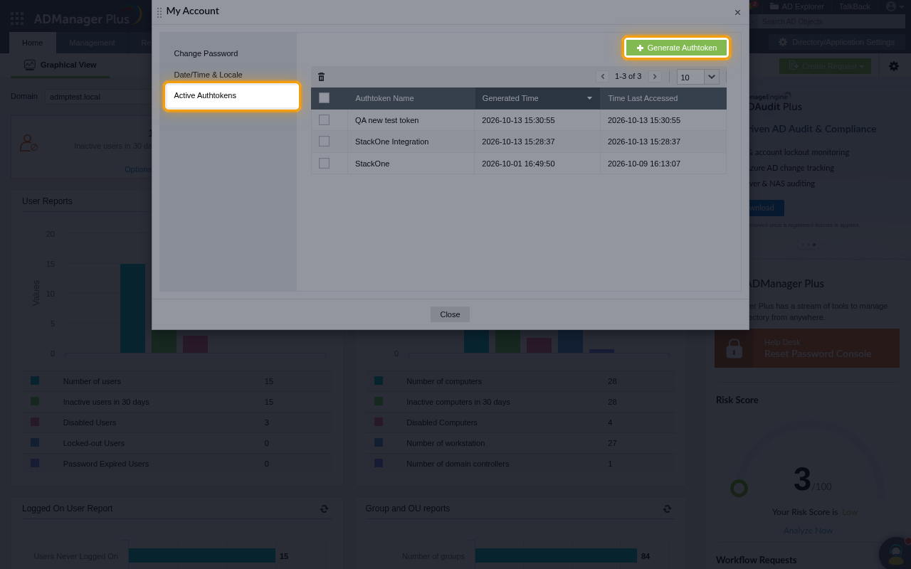The Active Authtokens tab of My Account with the Generate Authtoken button highlighted