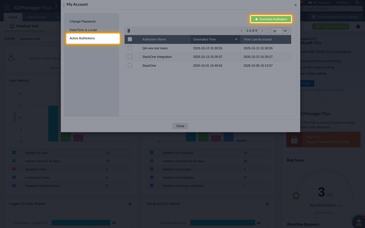 The Active Authtokens tab of My Account with the Generate Authtoken button highlighted