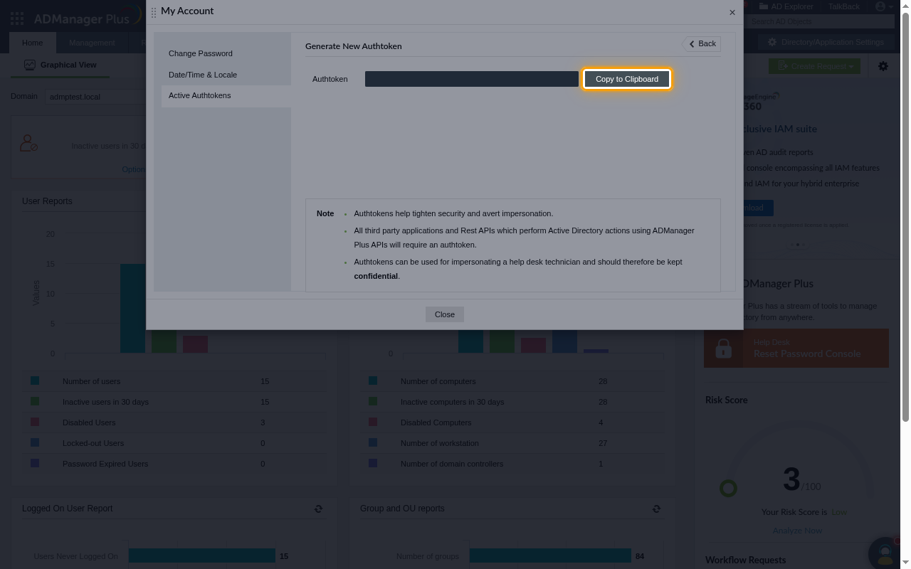 The generated authtoken with its value hidden and the Copy to Clipboard button highlighted