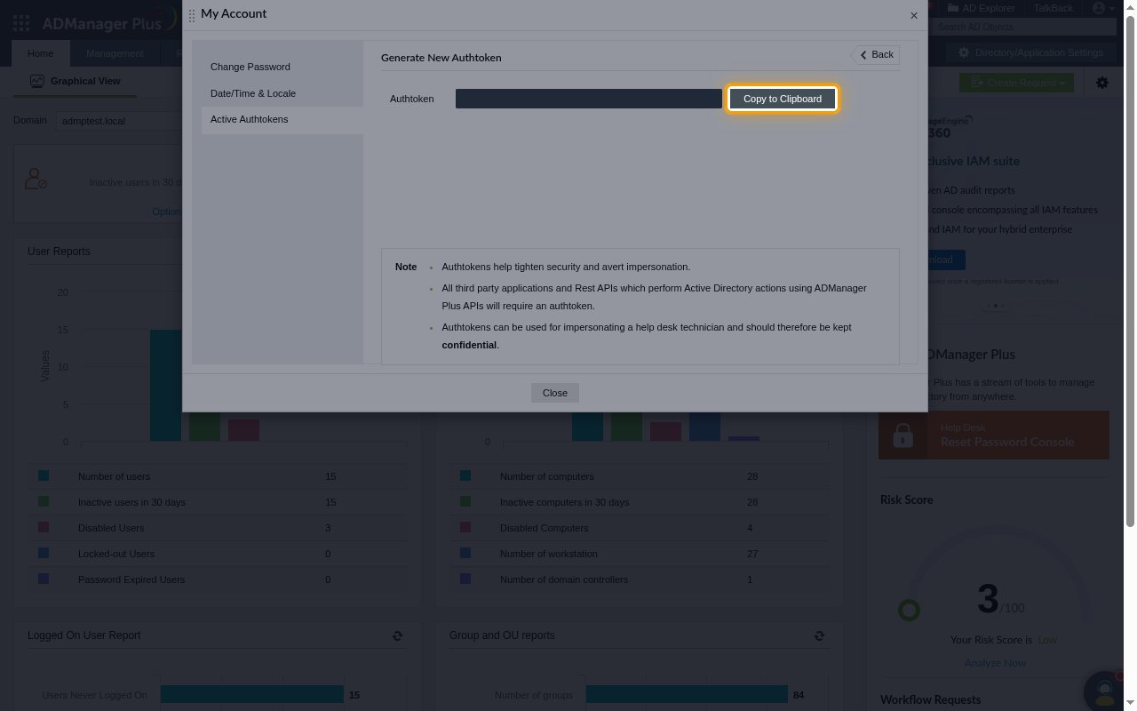 The generated authtoken with its value hidden and the Copy to Clipboard button highlighted