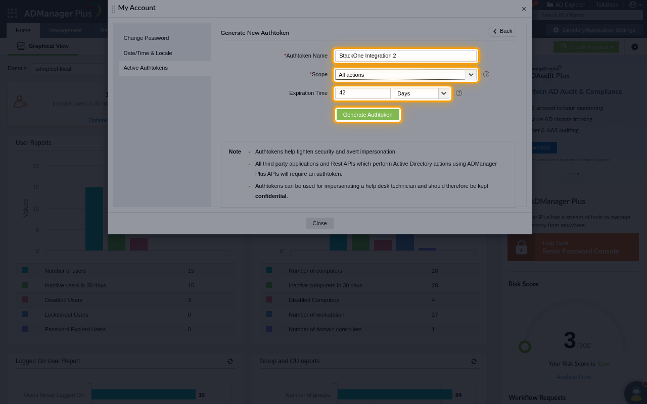 The Generate New Authtoken form with the Authtoken Name, Scope, Expiration Time fields and the Generate Authtoken button highlighted