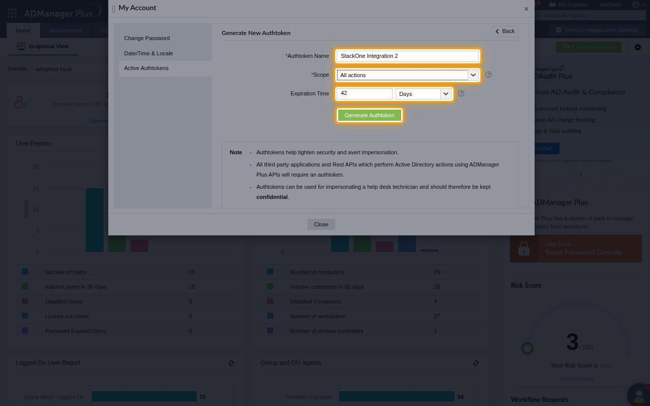 The Generate New Authtoken form with the Authtoken Name, Scope, Expiration Time fields and the Generate Authtoken button highlighted