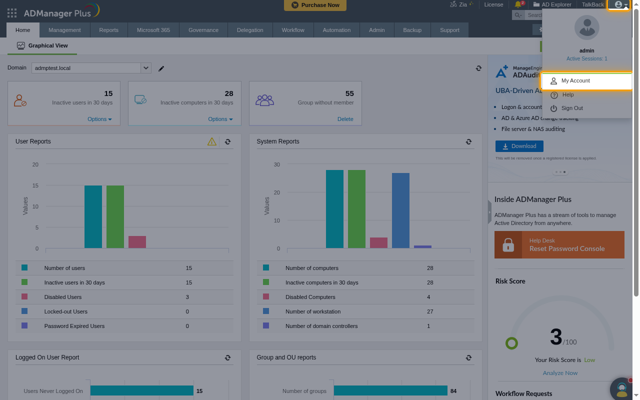 The ADManager Plus profile menu with the profile icon and the My Account option highlighted