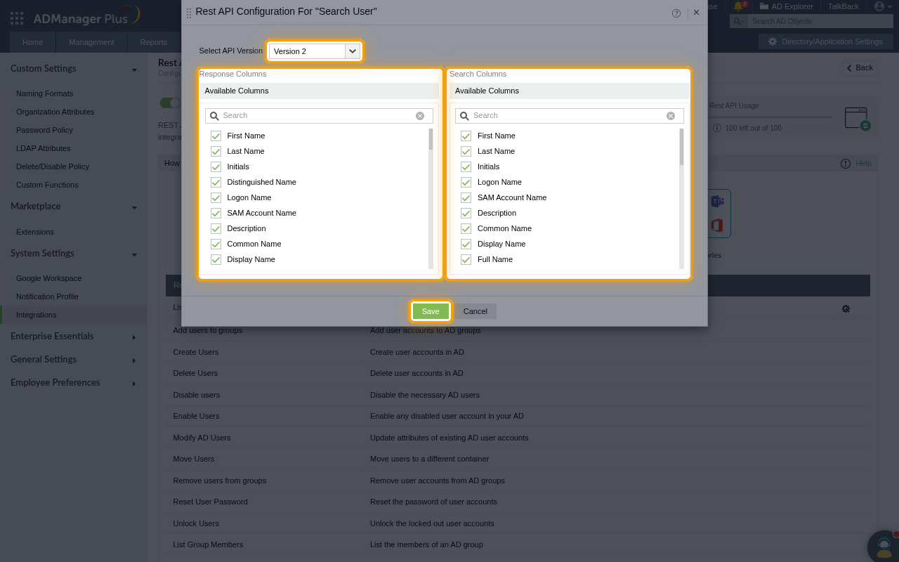 The Rest API Configuration For "Search User" dialog with the API version, the Response Columns and Search Columns lists and the Save button highlighted
