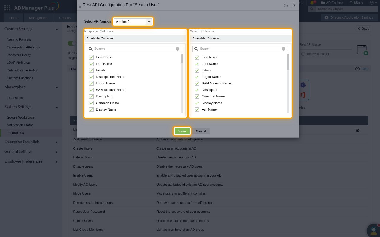 The Rest API Configuration For "Search User" dialog with the API version, the Response Columns and Search Columns lists and the Save button highlighted
