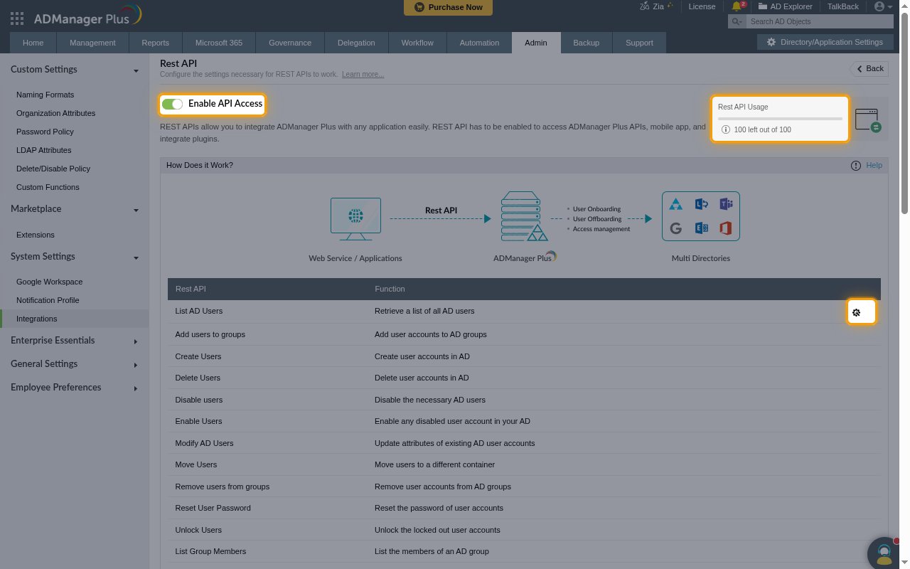 The Rest API settings page with the Enable API Access toggle, the Rest API Usage counter and the List AD Users configuration icon highlighted