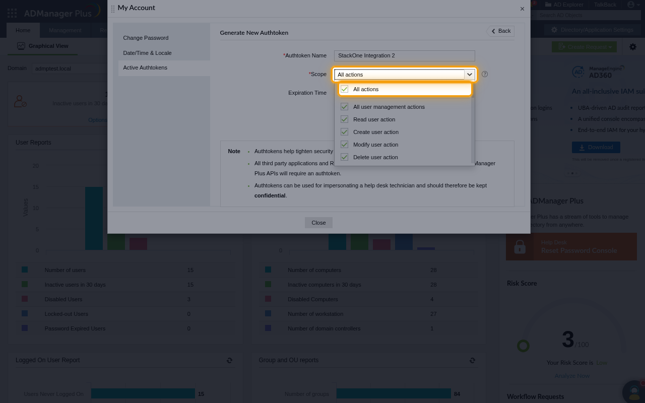 The Scope list open with the All actions option highlighted