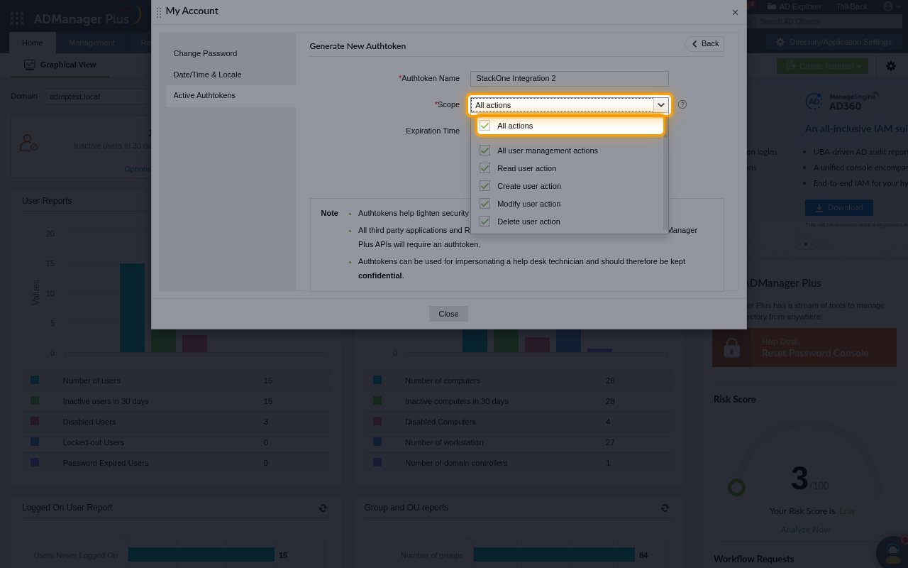 The Scope list open with the All actions option highlighted