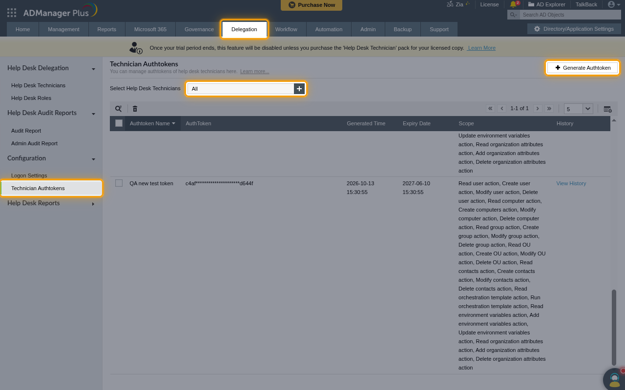 The Delegation tab with Technician Authtokens selected, and the Select Help Desk Technicians field and Generate Authtoken button highlighted