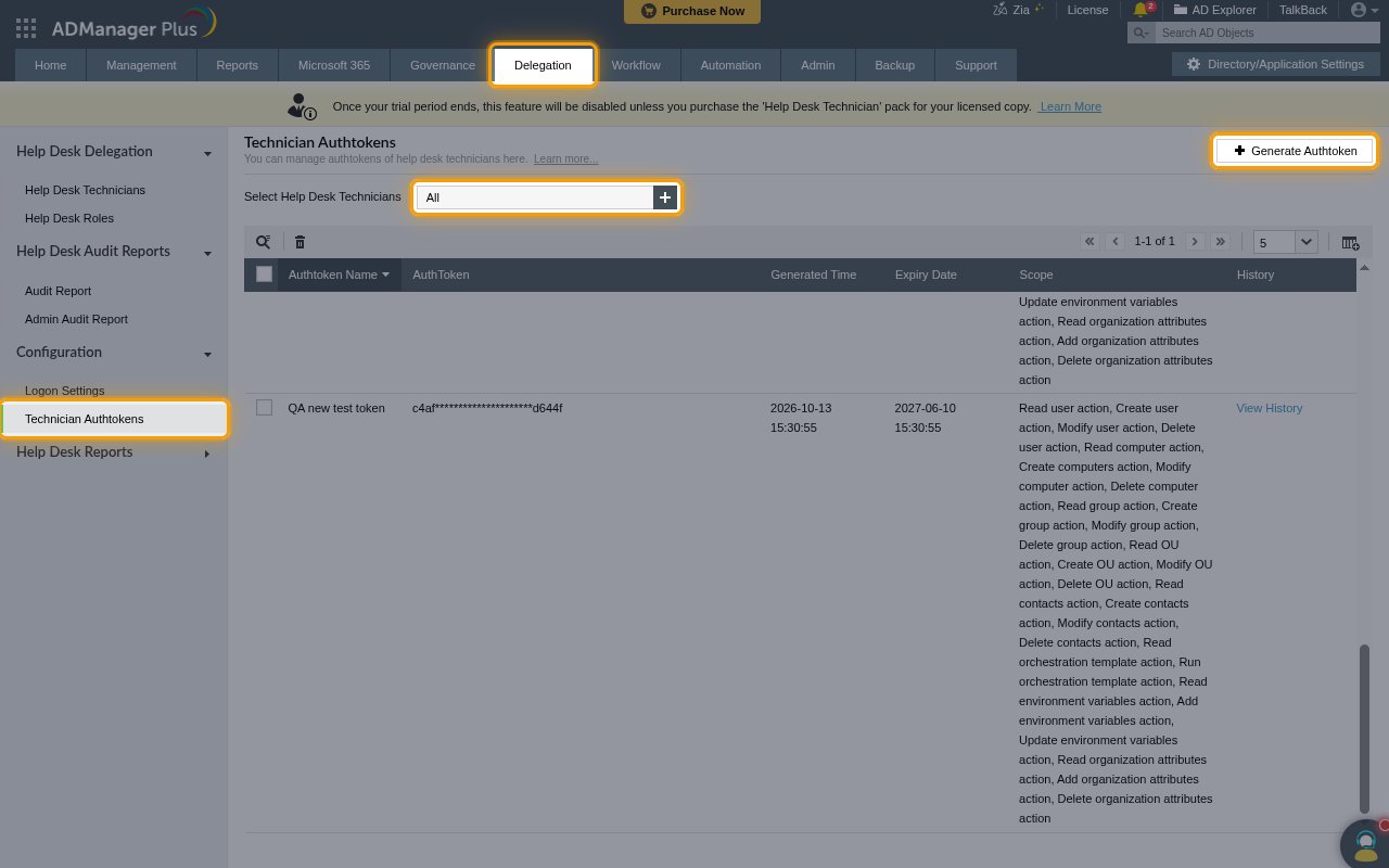 The Delegation tab with Technician Authtokens selected, and the Select Help Desk Technicians field and Generate Authtoken button highlighted