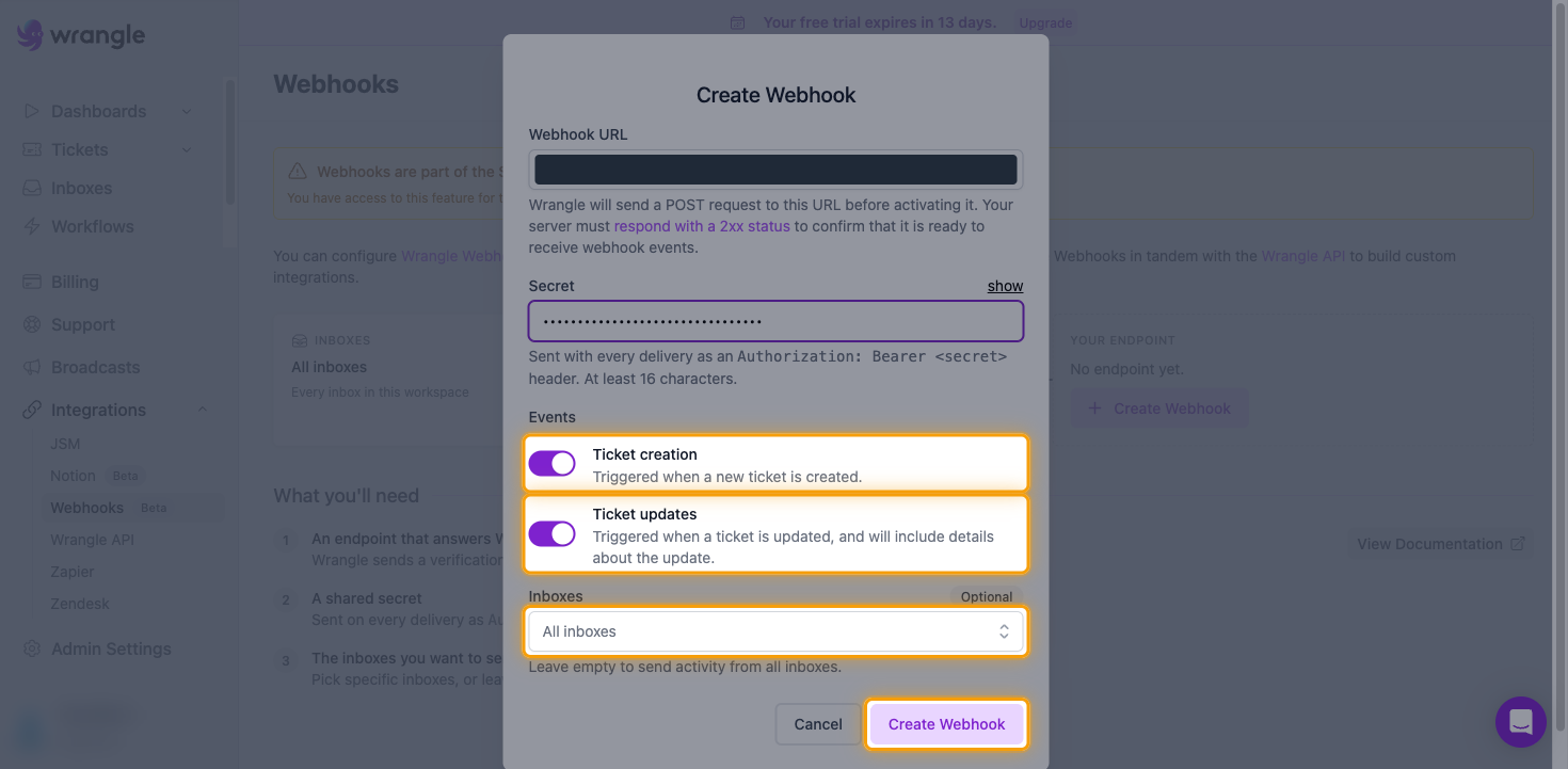 The Create Webhook dialog with the Ticket creation and Ticket updates switches, the Inboxes picker, and the Create Webhook button highlighted