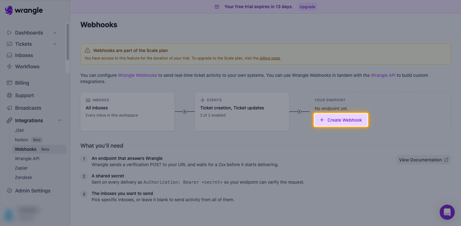 The empty Wrangle Webhooks page with the Create Webhook button highlighted