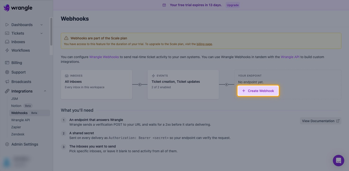 The empty Wrangle Webhooks page with the Create Webhook button highlighted