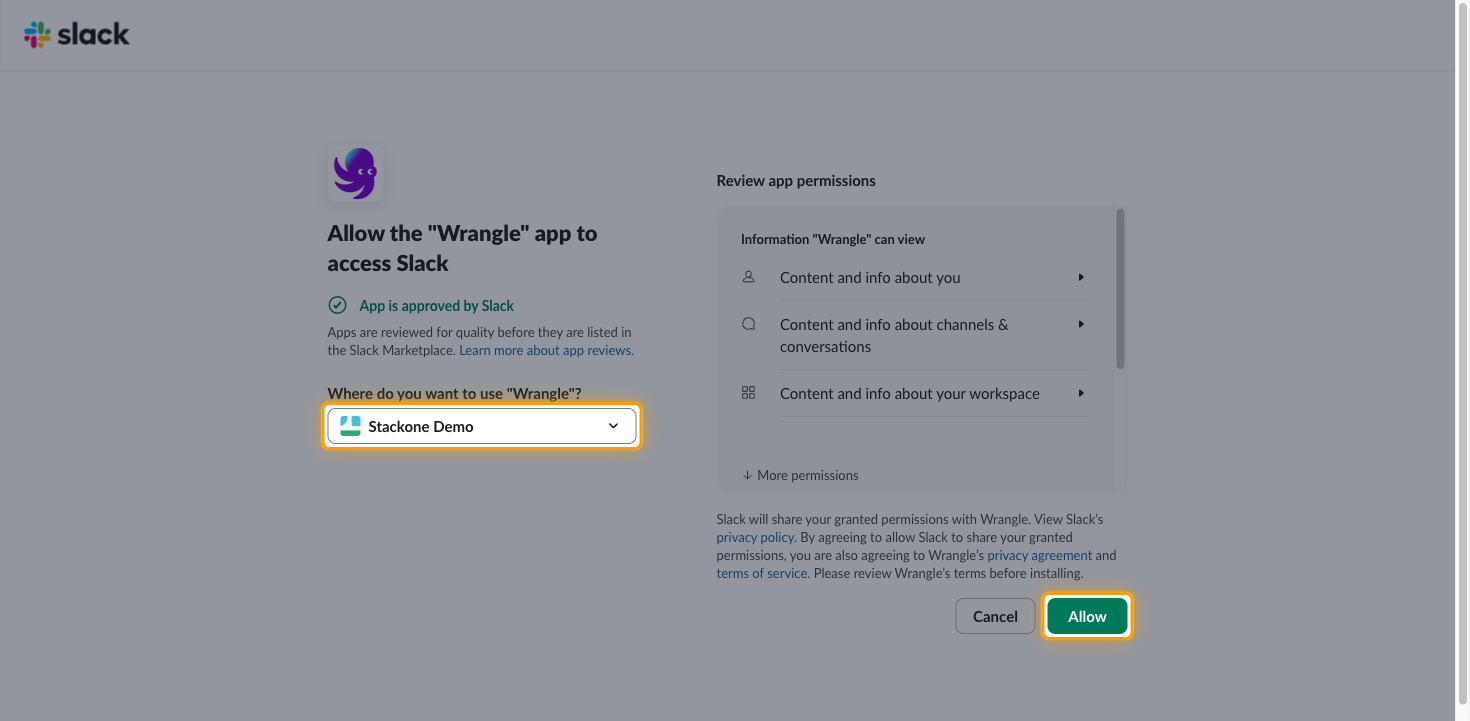 The Slack consent screen for the Wrangle app with the workspace picker and the Allow button highlighted
