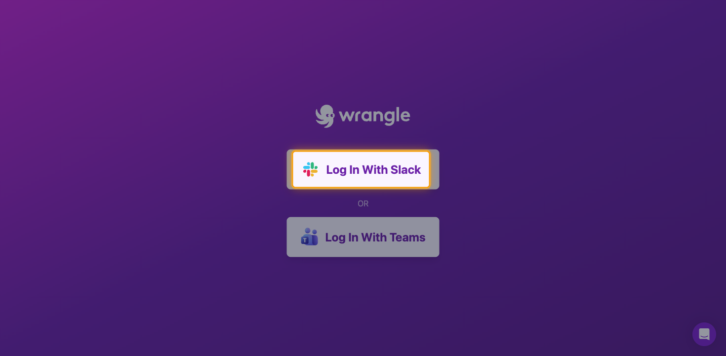 The Wrangle login page with the Log In With Slack button highlighted