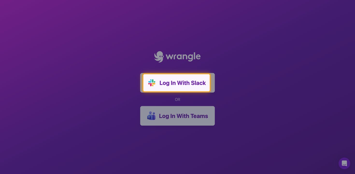 The Wrangle login page with the Log In With Slack button highlighted