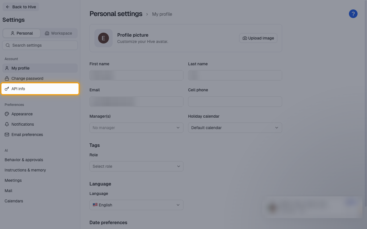 The Hive Personal settings sidebar with API info highlighted under Account
