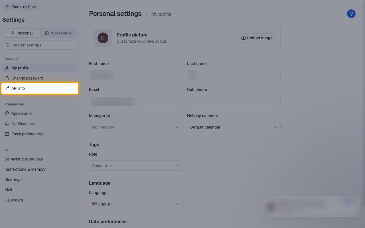 The Hive Personal settings sidebar with API info highlighted under Account