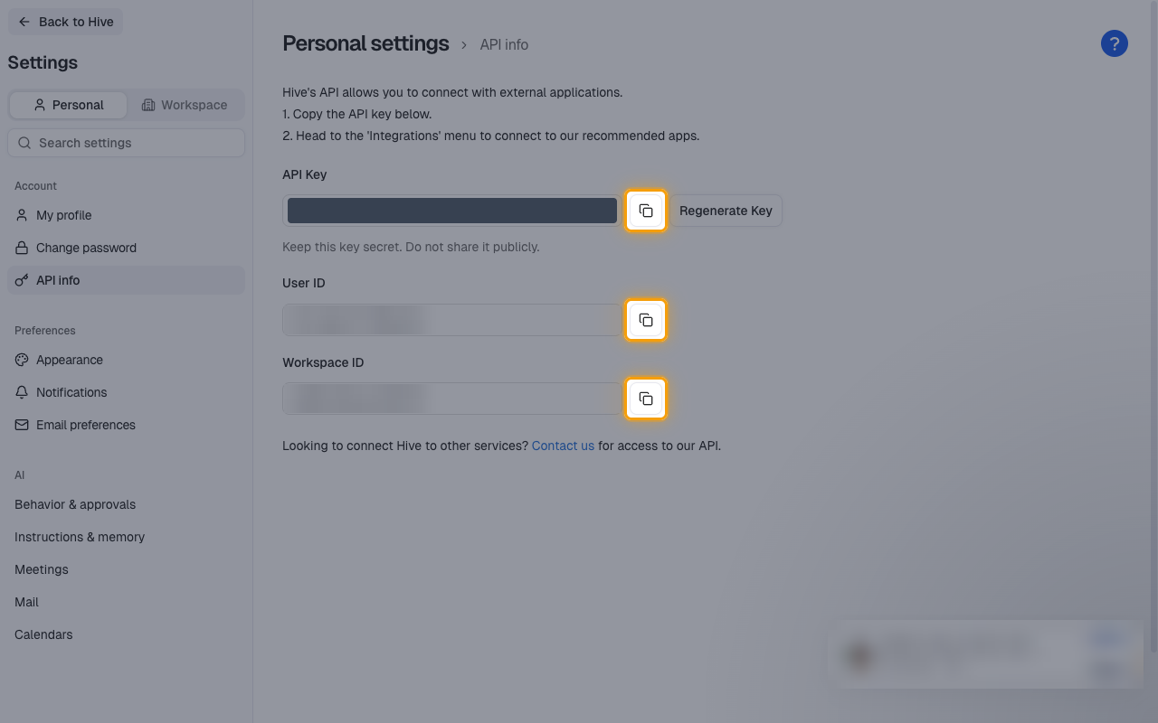 The Hive API info page with the copy buttons for API Key, User ID and Workspace ID highlighted and the key value masked