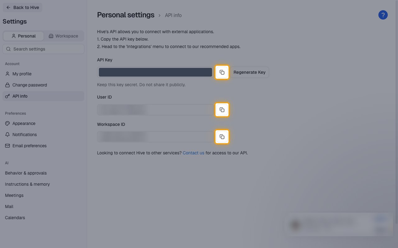 The Hive API info page with the copy buttons for API Key, User ID and Workspace ID highlighted and the key value masked
