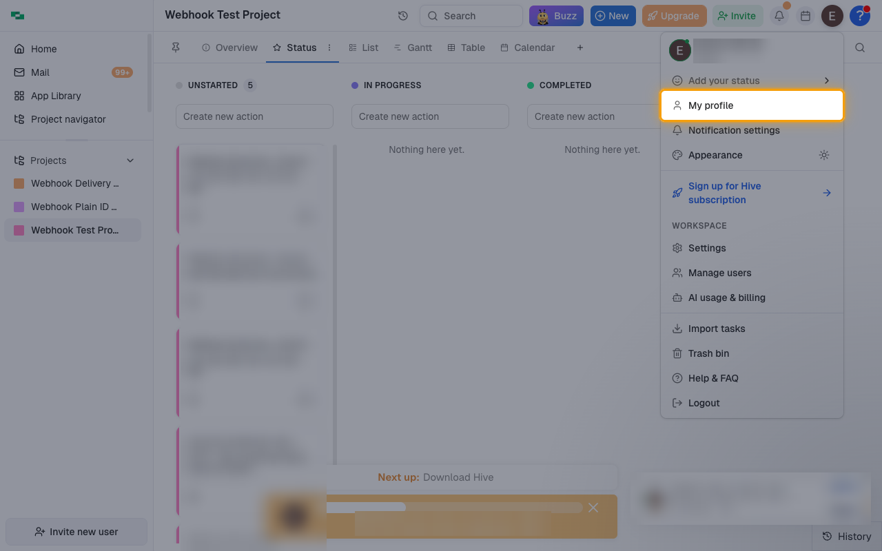 The Hive user menu with the My profile item highlighted