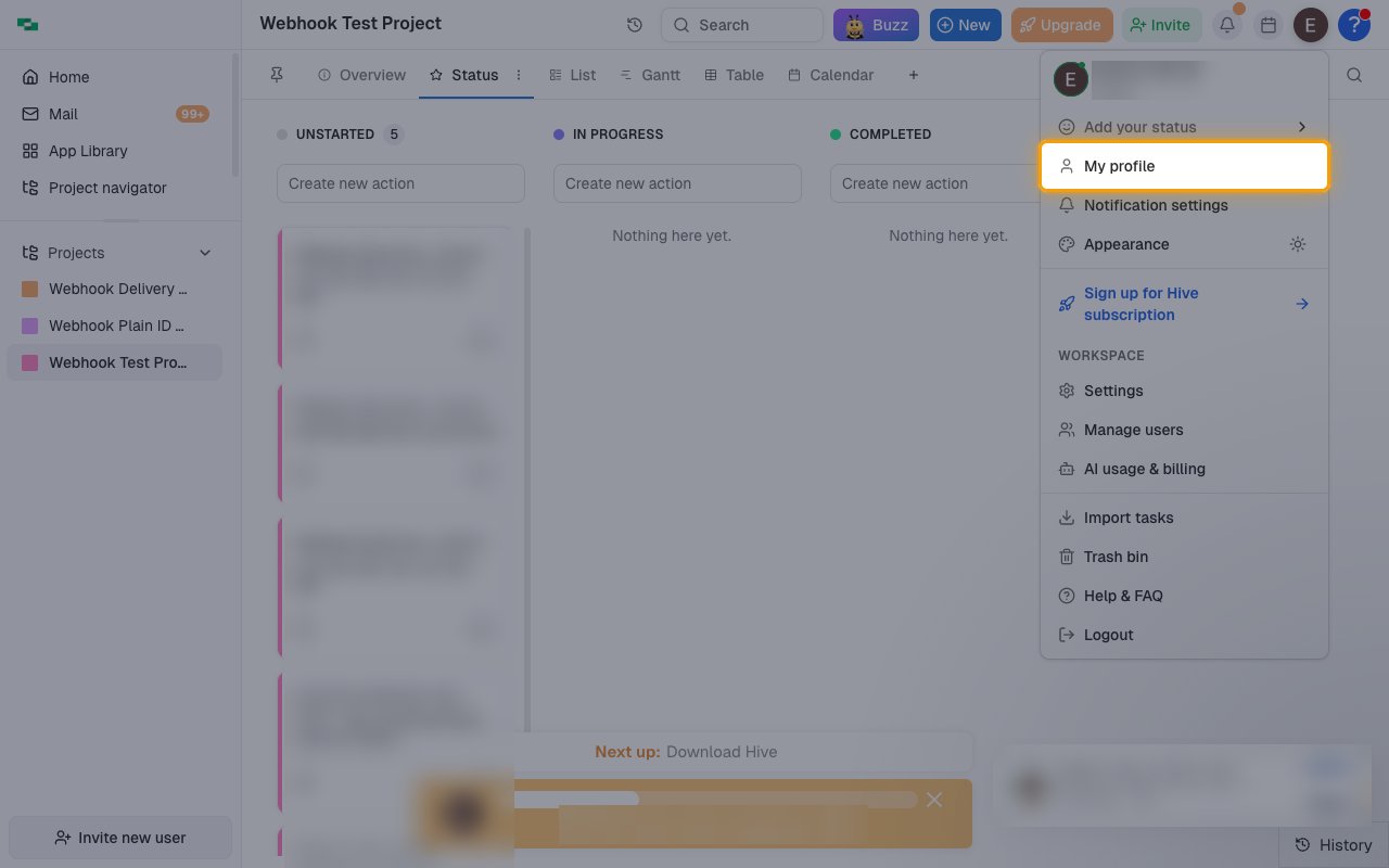 The Hive user menu with the My profile item highlighted