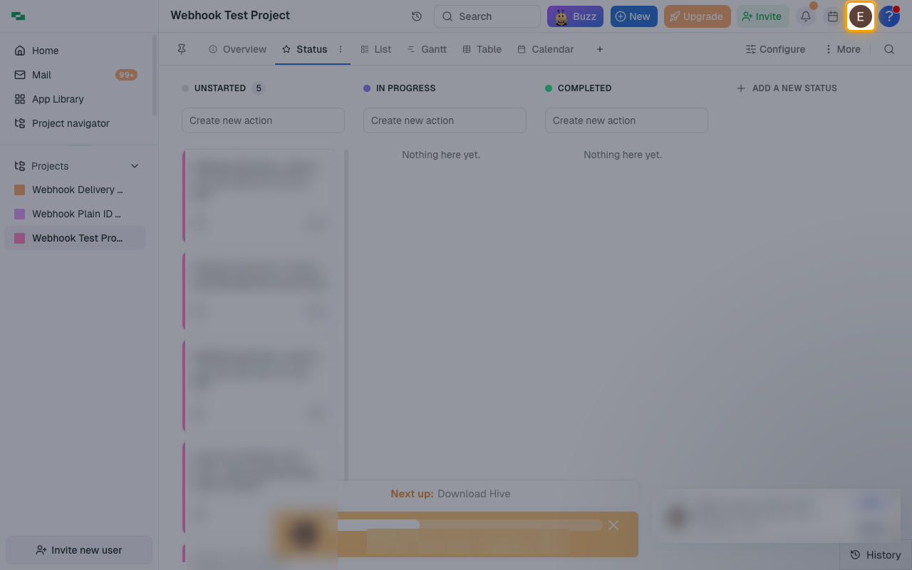 The Hive home page with the profile avatar in the top-right corner highlighted