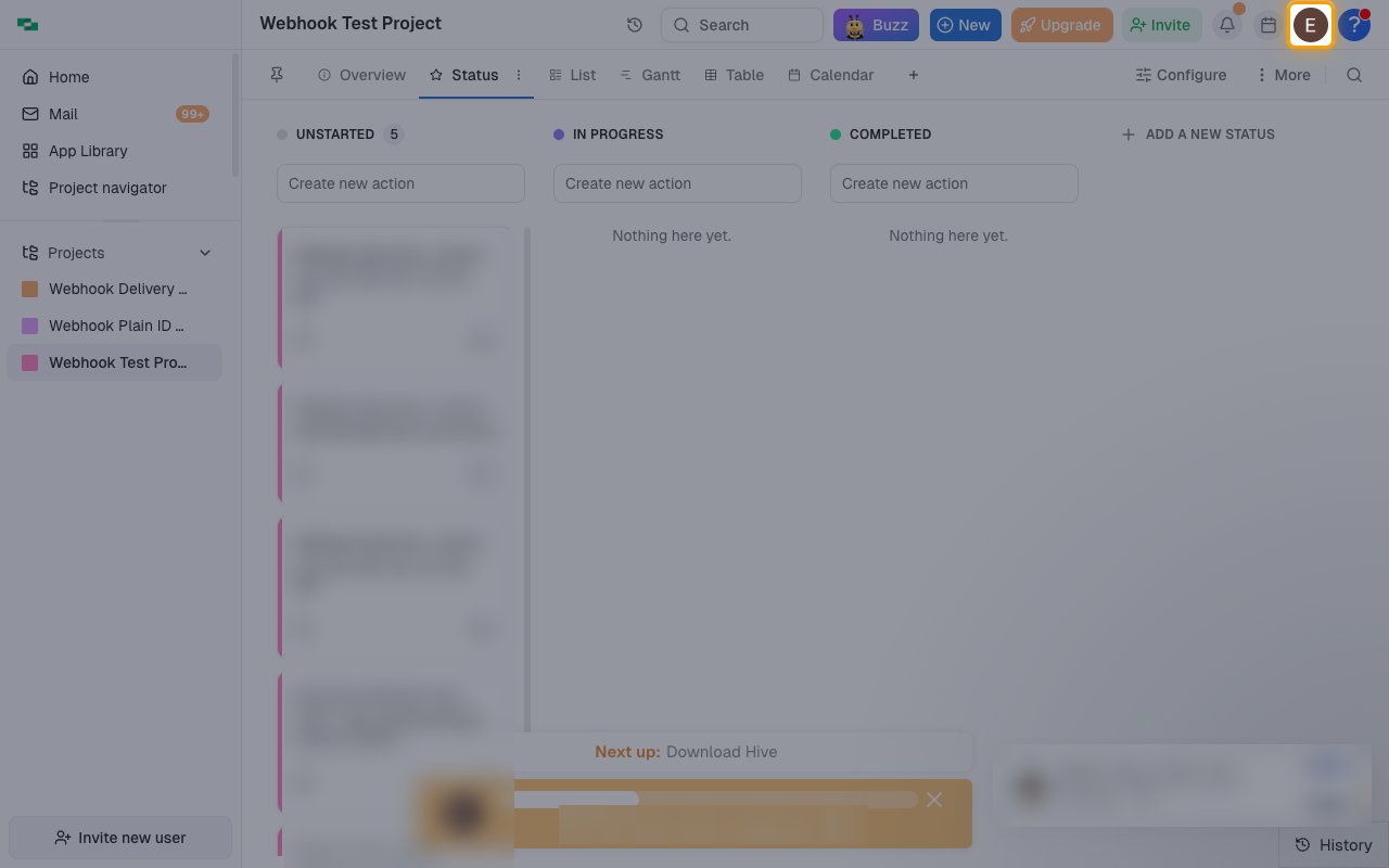 The Hive home page with the profile avatar in the top-right corner highlighted