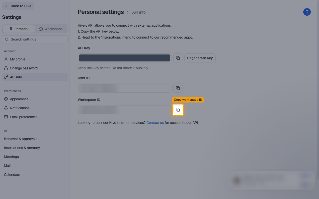 The Hive API info page with the Copy workspace ID button highlighted and the API key masked
