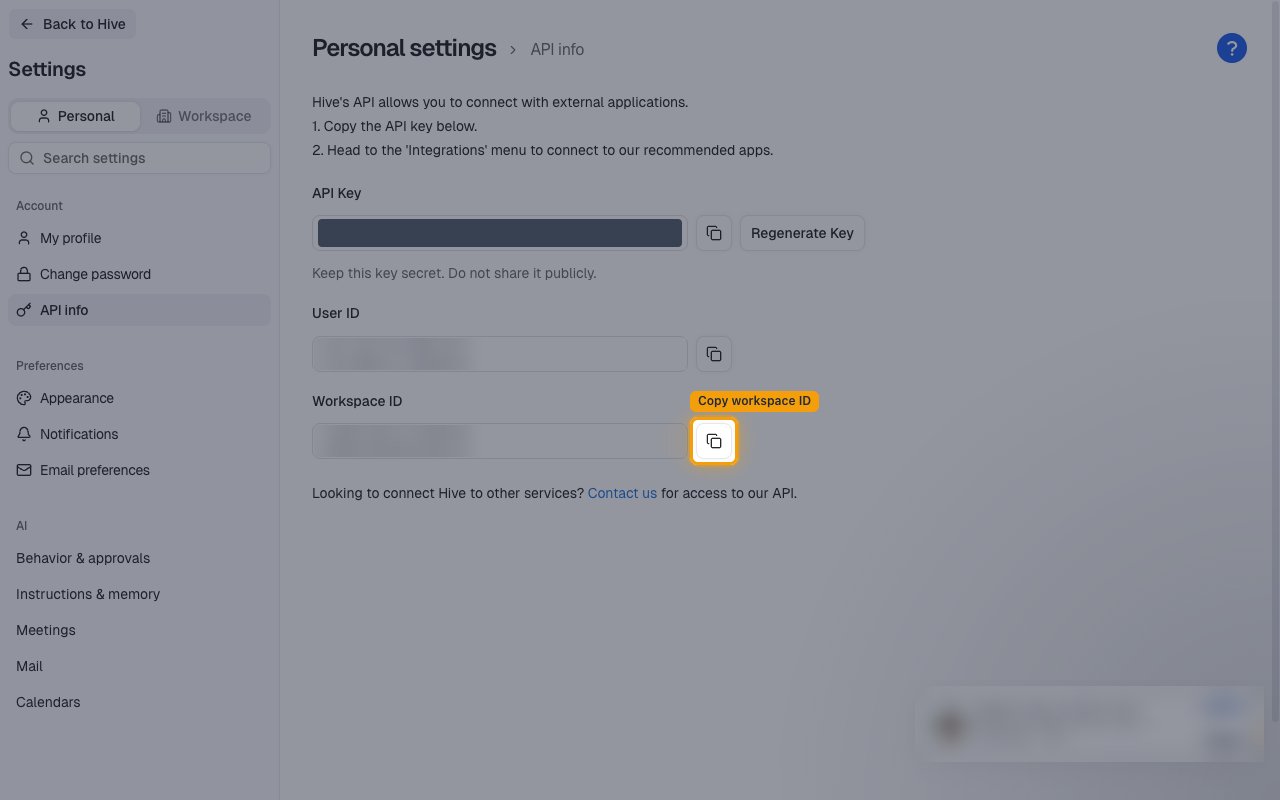 The Hive API info page with the Copy workspace ID button highlighted and the API key masked