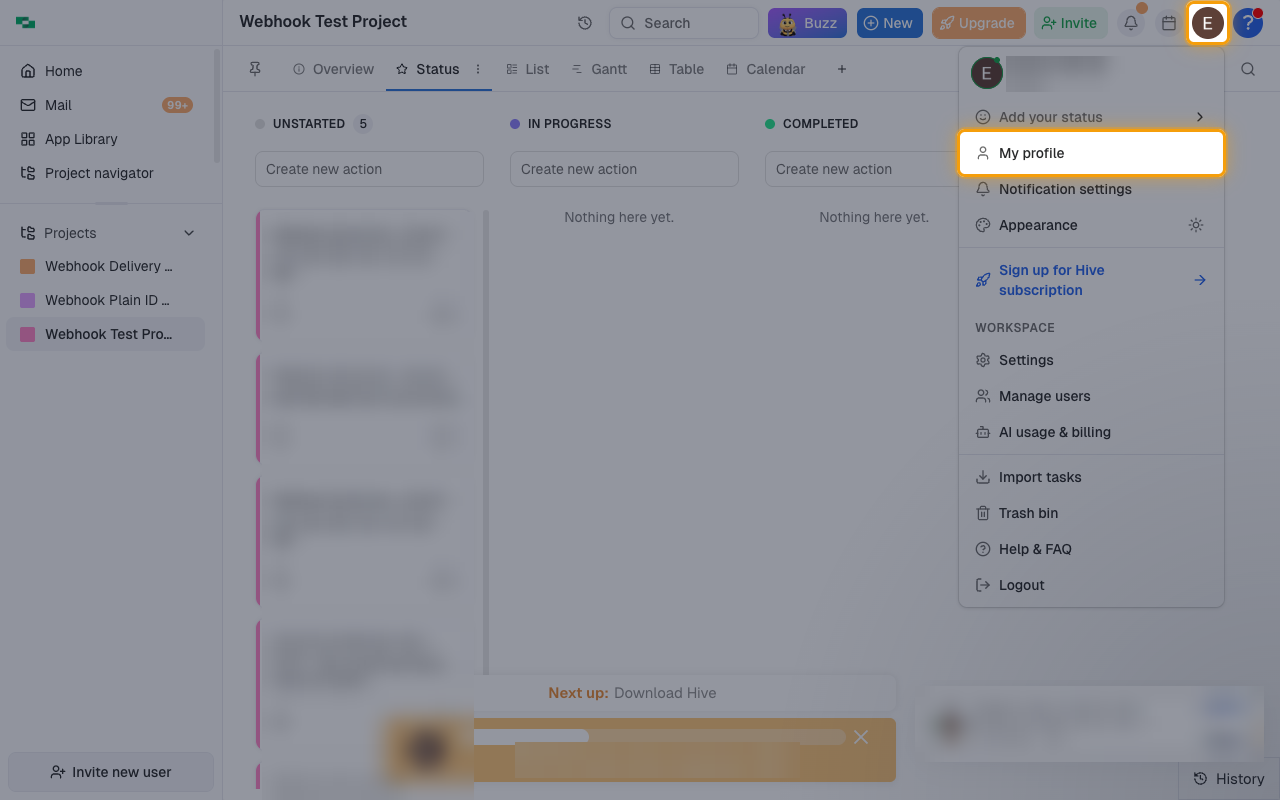 The Hive user menu opened from the profile avatar with My profile highlighted