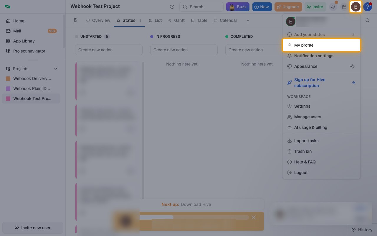 The Hive user menu opened from the profile avatar with My profile highlighted