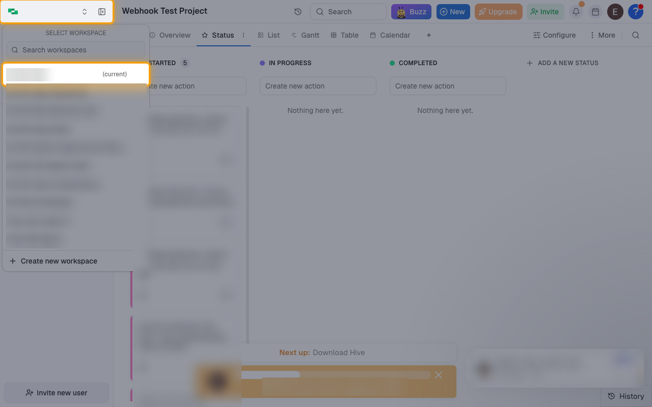 The Hive workspace switcher open with the current workspace highlighted in the Select workspace list