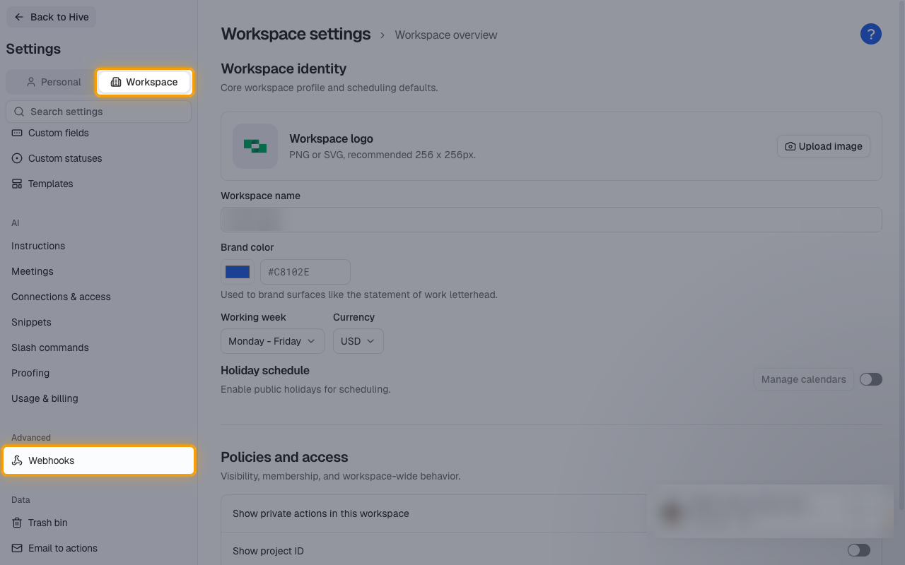 The Hive Workspace settings sidebar with the Workspace tab and Webhooks under Advanced highlighted
