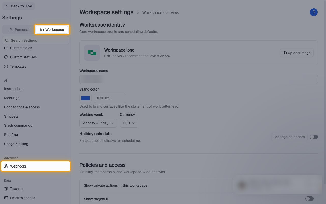 The Hive Workspace settings sidebar with the Workspace tab and Webhooks under Advanced highlighted