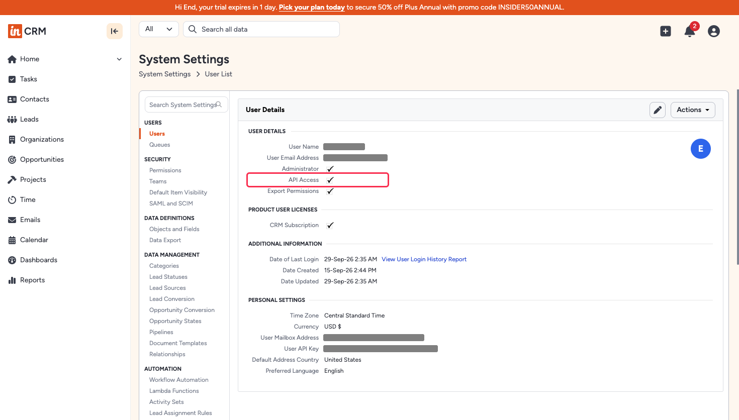 Insightly User Details page with the API Access setting ticked