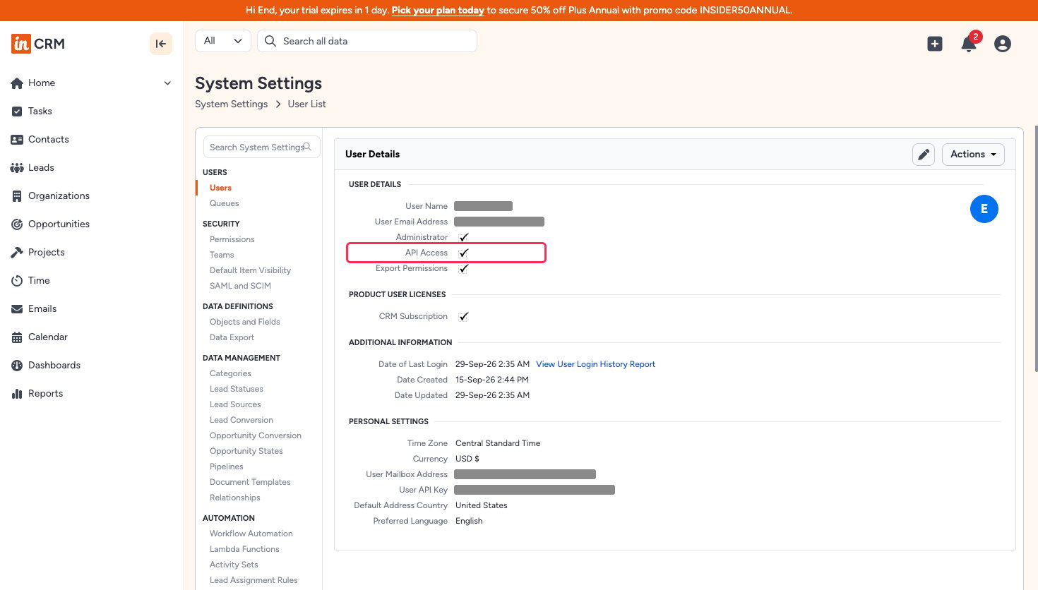 Insightly User Details page with the API Access setting ticked