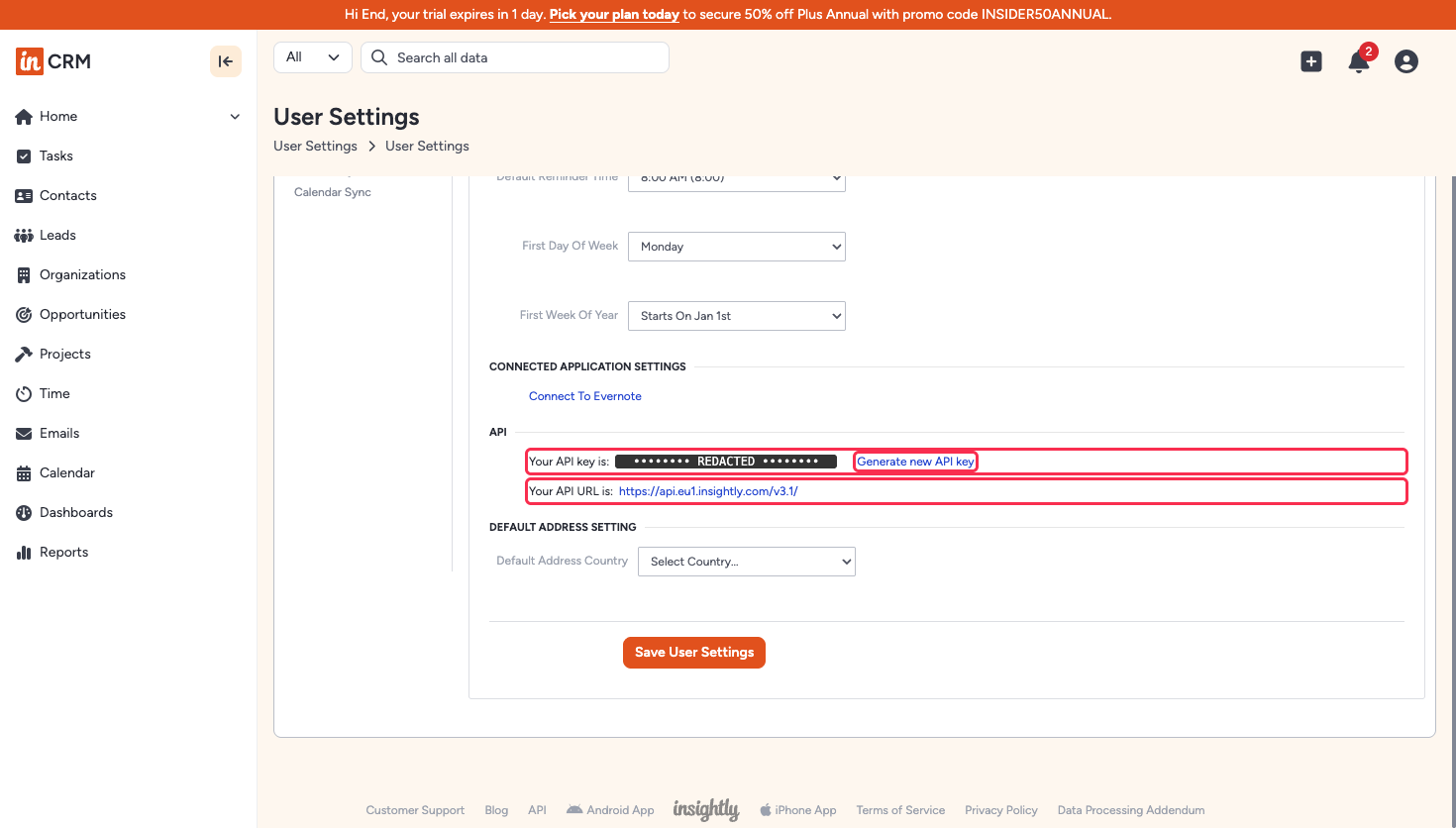 The API section of Insightly User Settings showing Your API key is, Generate new API key, and Your API URL is