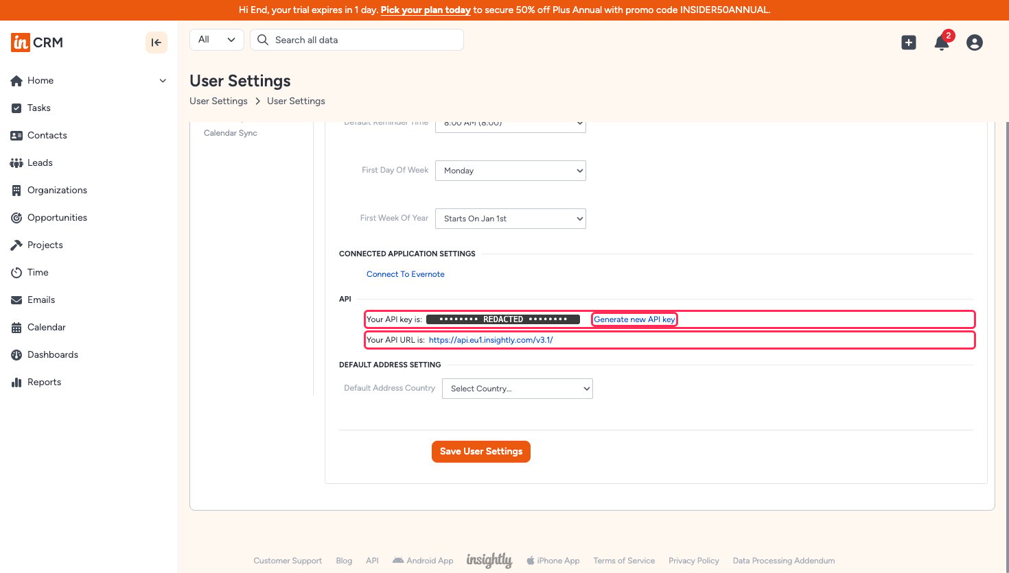 The API section of Insightly User Settings showing Your API key is, Generate new API key, and Your API URL is