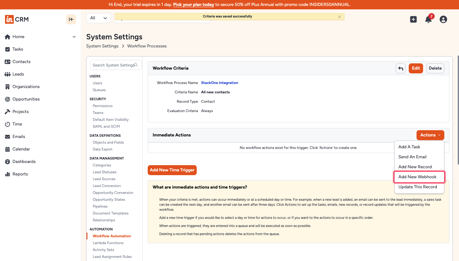 Workflow Criteria page with the Actions menu open on Add New Webhook