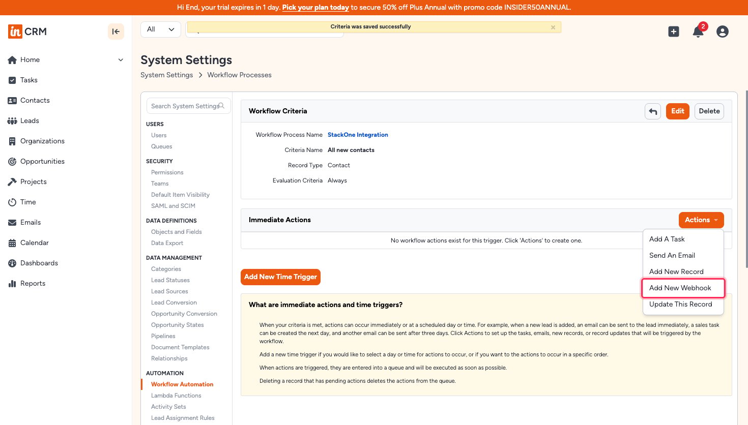 Workflow Criteria page with the Actions menu open on Add New Webhook