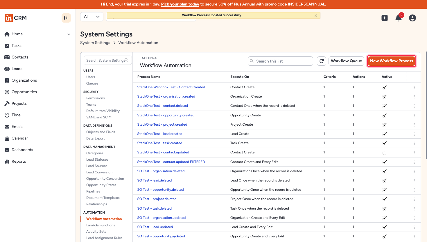 Insightly Workflow Automation list with the New Workflow Process button