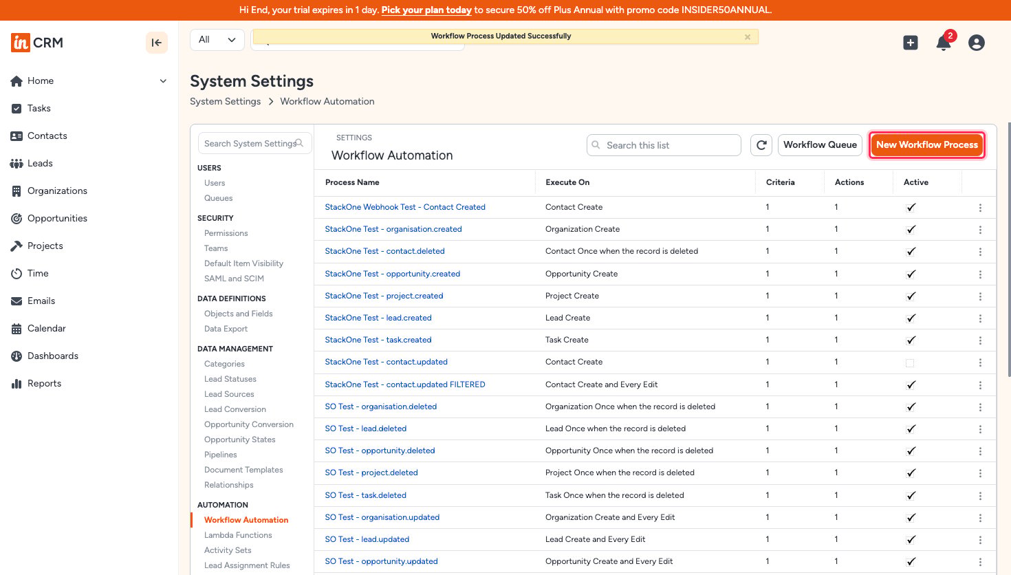 Insightly Workflow Automation list with the New Workflow Process button