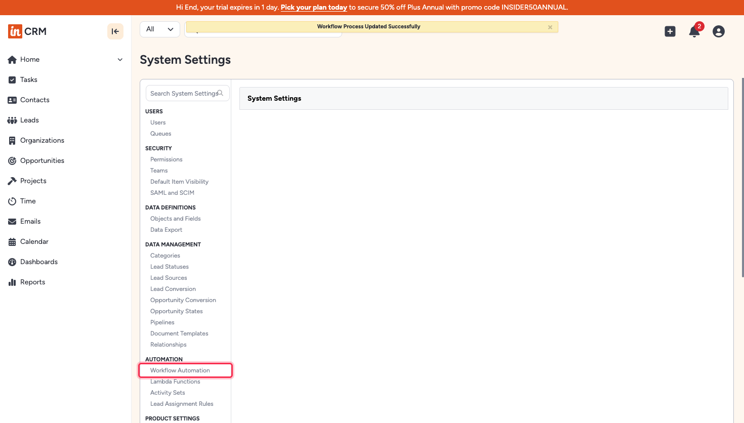Insightly System Settings with Workflow Automation selected under AUTOMATION