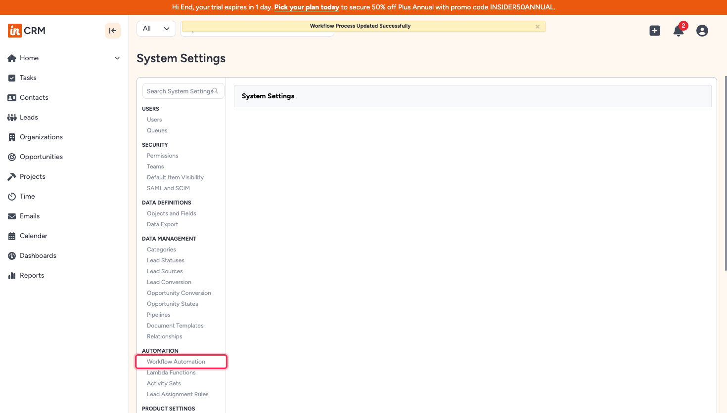 Insightly System Settings with Workflow Automation selected under AUTOMATION